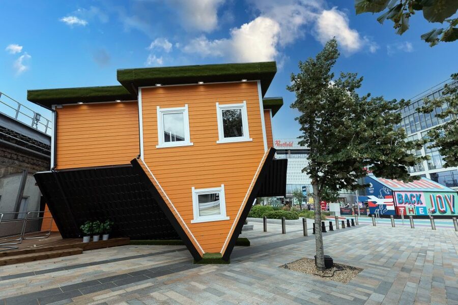 London: Upside Down House Westfield White City Entry Ticket - The warm orange exterior, then the moment it flips